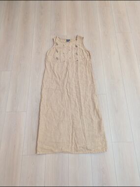 Sleeveless Cream 100% Linen Dress with Embroidery